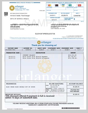 A sample Erlanger medical bill with a blue and white header, detailed transaction table, and a Thank you for choosing us! message in the center