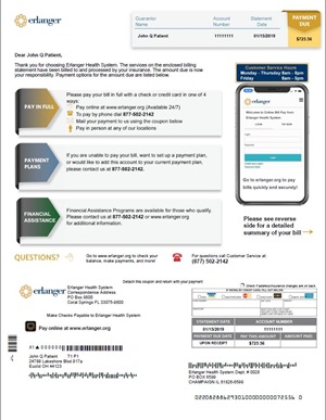 A modern Erlanger billing statement layout showing payment options, a Pay In Full section, and a mobile phone graphic illustrating online bill pay