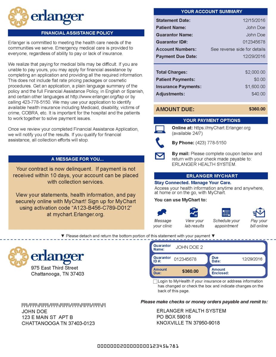 A sample medical billing statement from Erlanger Health System featuring a blue account summary box and a detachable payment coupon at the bottom